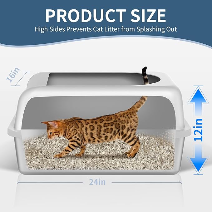 Prodigen Extra Large Stainless Steel Cat Litter Box with Lid High Wall Sides Enclosure, Non-Sticky, Anti-Leakage, Easy Cleaning，with Cat Mat & Metal Scoop, 24" L x 16" W x 12" H
