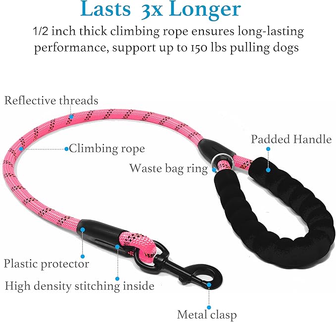 iYoShop Dual Dog Leash - 360° Swivel, No Tangle Walking Leash with Shock Absorbing Bungee for Two Dogs (Large, 25-150 lbs, Pink)