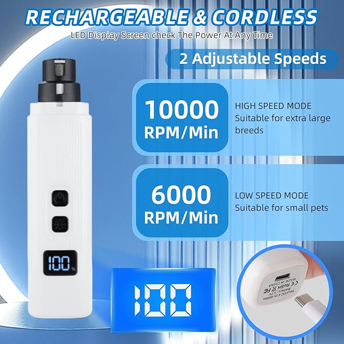 Silent Dog Nail Grinder, Cat Nail Safe Cut Cat Nail Trimmer, Dog Nail Trimmers, 2026 New Two Adjustable Low-Vibration Ultra-Quiet Under 40db ＆ Powerful Enough for All Cats ＆Dogs (White)