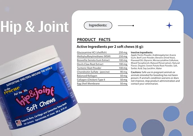 to The Rescue Dog Hip and Joint Gloucosamine Supplement - Encourages Improved Mobility for an Active Dog's Journey - Supports Bone, cartlige and Connective Tissue Health - 60 Chews