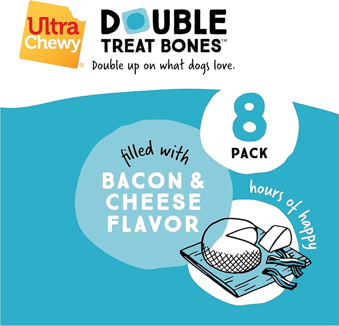 Ultra Chewy Double Treat Bones: Long-Lasting Treats Made in USA for Large and Small Breeds, Highly Digestible, for Aggressive Chewers (Bacon Cheese and Chicken Flavor, 2 Packs)