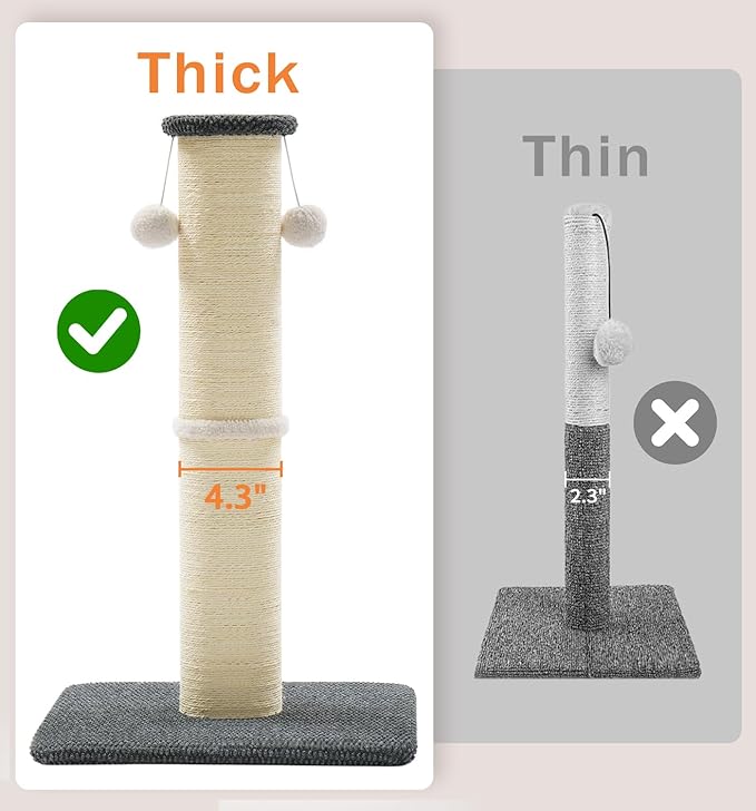 Made4Pets Tall Cat Scratching Post, 33" Natural Sisal Cat Scratcher with Hanging Balls, Heavy Duty and Thicker Scratching Post for Indoor Cats Adults, Sturdy Base Cat Scratch Post, Dark Grey