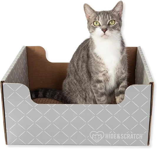Hide & Scratch Cardboard Cat Scratcher Box & Bed - Light Grey Diamond | Double-Sided Corrugated Pad for Indoor Cats | Refillable Scratching Board Toy for Play & Furniture Protection