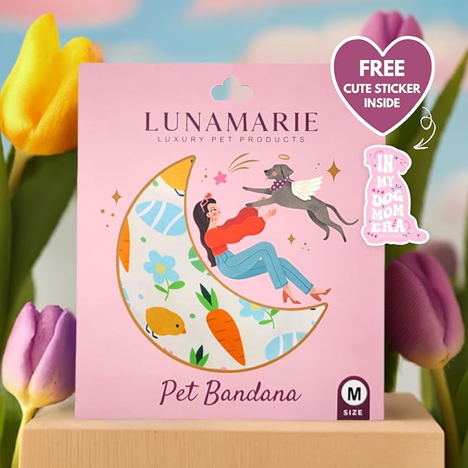 LunaMarie - Luxury Pet Birthday Bandanas -Premium & Silky Poly Fabric | 100% Handmade | Custom Shape Dual Layered (Easter Garden, Medium)