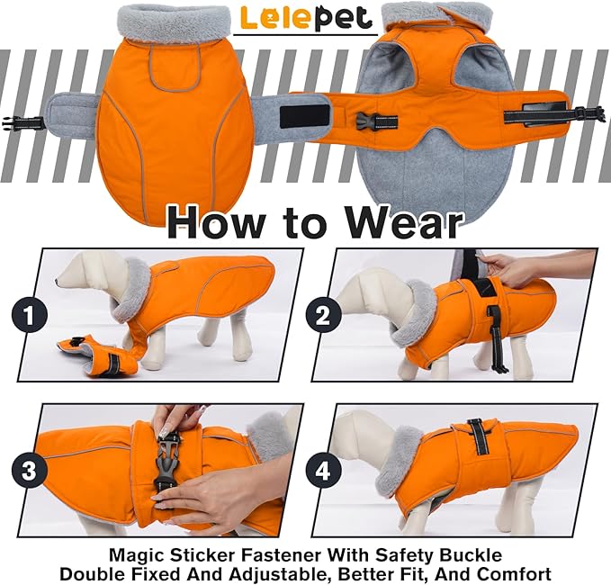 Lelepet Dog Coat Waterproof Dog Jacket Reflective Fleece Vest with Adjustable Buckle & Leash Hole Windproof Cold Weather Coats for Small Medium Large Dogs, Warm Hunting Vest, Orange, L