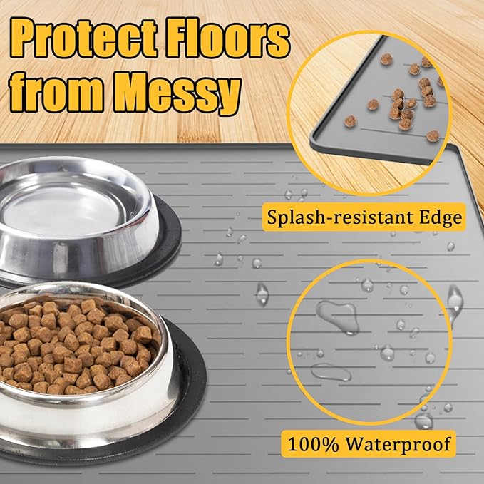 1.5MM Super Thick Dog Food Mat, 40"x30" Silicone Dog and Cat Mats for Food and Water Bowls, Waterproof Pet Feeding Mat for Contain Spills Protects Floors, Multiple Colors & Sizes for Pets, Dark Gray