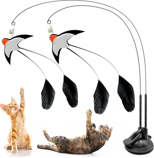 Walfront Interactive Cat Toy, Swallow Bird Cat Wand, Double-Head Suction Base, 2 Realistic Bird Attachments, for Indoor Cats, Kittens and Adult Cats, Self-Play Exercise, Active & Happy
