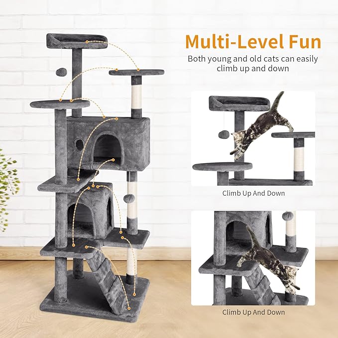 PayLessHere Cat Tree 54in Cat Tower with Cat Scratching Post,Multi-Level Cat Condo Stand House Furniture Kitty Activity Center with Furry Ball Toys Cat Tree for Indoor Cats, Light Gray