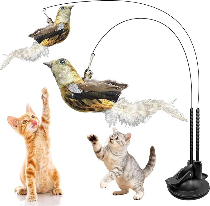Interactive Cat Toy — Realistic Bird Teaser Wand with Double-Head Suction Base and 2 Gray Bird Attachments for Indoor Self-Play, Exercise & Enrichment for Kittens, Adult Cats & Multi-Cat Homes