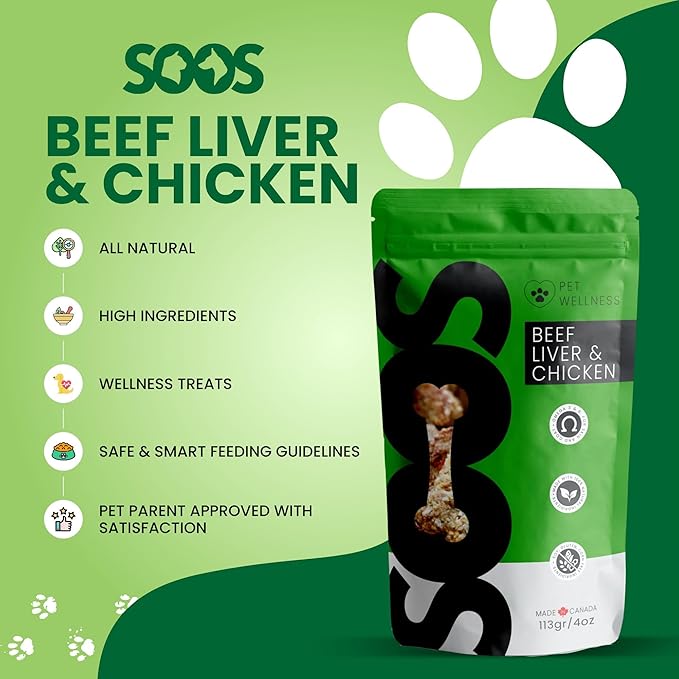 SOOS Natural Beef Liver & Chicken Treats for Dogs & Cats - High Protein, Grain Free, Vitamin Minerals, Healthy Training Treats - 113g