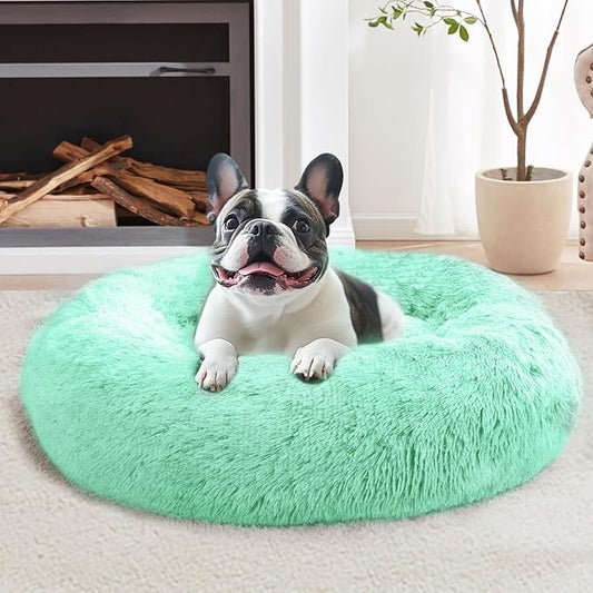 JOLLYVOGUE Calming Dog Bed Medium Size Dog, Anti-Anxiety Donut Medium Pet Bed, 31 inches Fluffy Faux Fur Round Cat Bed, Fits up to 45 lbs Pets (Mint Green)
