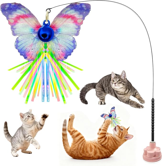 Walfront Interactive Cat Wand Toy with Butterfly Attachments, 3-Pack Cat Teaser Wands with Stable Base, Hands-Free Self-Play Indoor Exercise Toy for Kittens & Adult Cats