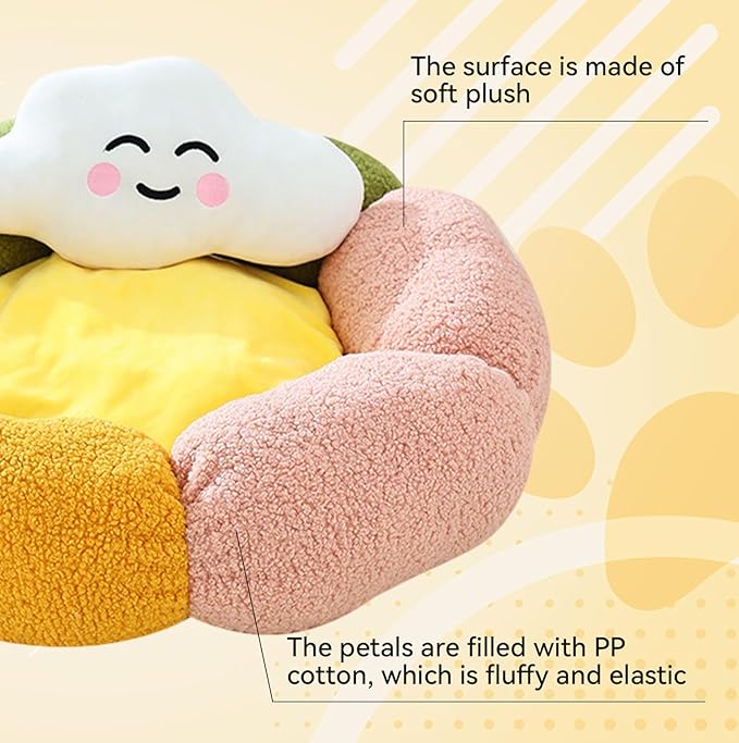 Cute Flower Cat Bed for Indoor Kittens,Calming Donut Bed with Cloud Pillow Washable Fluffy Cat Sleeping Nest Anti-Slip Bottom for Small Pet Kitten