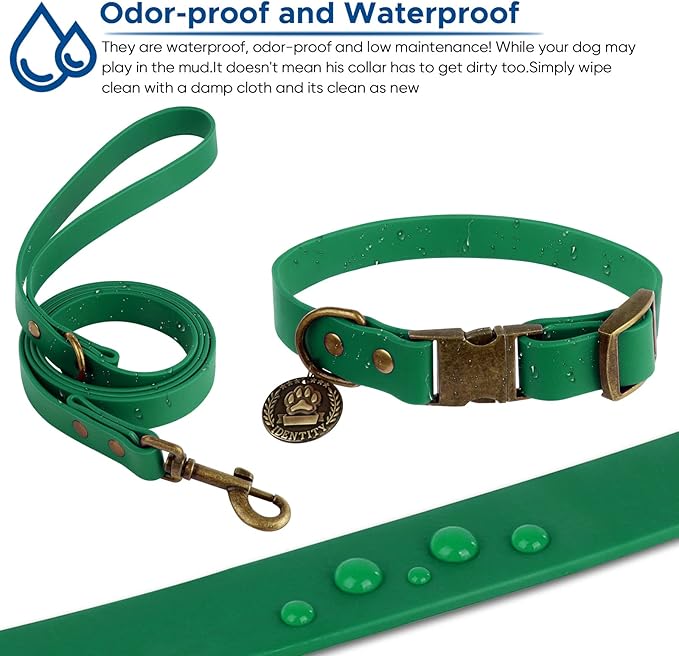 Wisedog Dog Collar and Leash Set, Waterproof Adjustable Puppy Collars with Cute Tag 4FT Dog Leash with Poop Bag for Small Medium Large Dogs (XS, Deep Green)