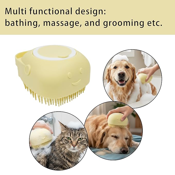 Pet Bath Massage Brush,Pet Bath Brush With Shampoo Dispenser,With Dog Grooming Comb,Suitable for long and short haired dogs and cats(Yellow)