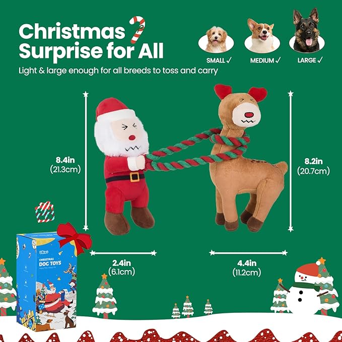 UNISE Christmas Dog Toys, Plush Squeaky Dog Toys for Large, Medium, Small Breeds with Detachable Rope to Keep Them Busy & Reduce Boredom