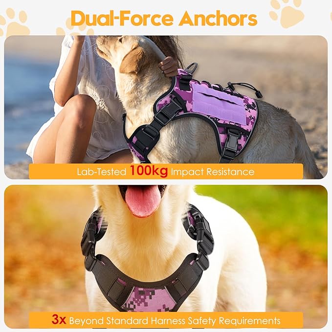 Heavy-Duty Tactical Dog Harness for Large Dogs, No Pull Adjustable Reflective Pet Vest with Molle System, K9 Military-Grade Control for Service Training, Outdoor & 10+ Breeds, Purple Camo, XX-Large
