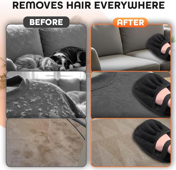 2 Pack Electrostatic Pet Hair Remover Glove with Cleaning Brush for Cats & Dogs, 2025 Upgraded Reusable 5-Finger Grooming Gloves – Magic Brush Tool for Furniture, Couch, Carpet, Car & Clothing (Black)
