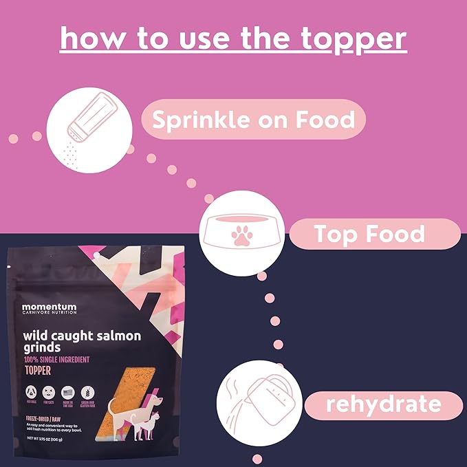 Momentum Carnivore Nutrition Freeze-Dried Wild-Caught Salmon Pet Food Topper – Single-Ingredient, All-Natural Topper – High-Protein for Dogs and Cats, Grain-Free and Made in The USA– (3.75 oz Bag)