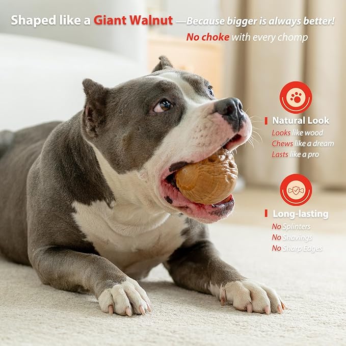 Willjoy 2-Pack Dog Chew Toys for Aggressive Chewers, Indestructible Ball-Shaped Dog Toys with Natural-Looking Grooved Texture, Durable Pine Wood & Tough Nylon, Bacon Flavor for Large Dogs