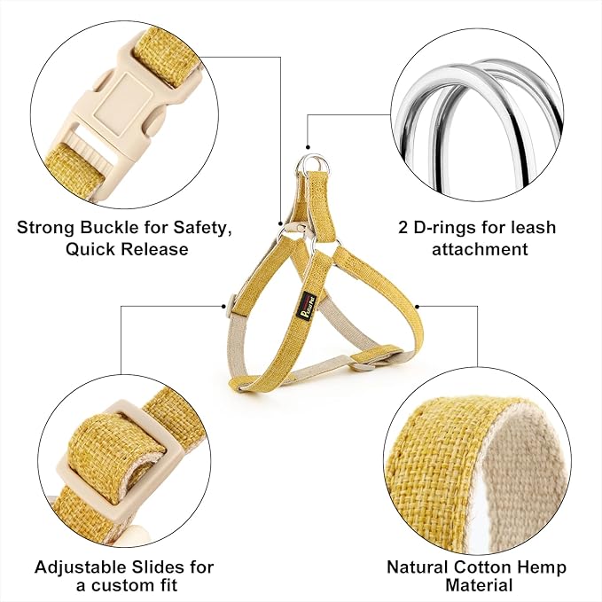 Plutus Pet Cotton Hemp Step in Dog Harness, Sustainable, Lightweight and Escape-Proof, Quick Fit Dog Harness for Puppy Small Medium and Large Dogs, Yellow, L