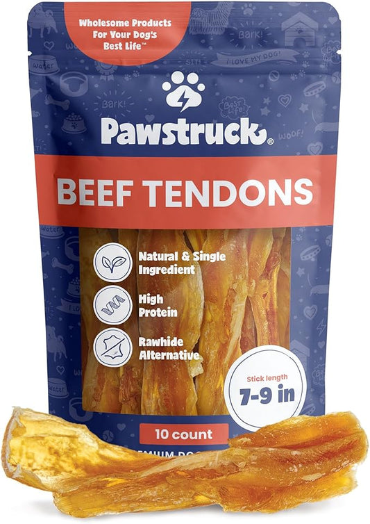 Pawstruck Natural 7-9” Beef Tendon Chew Sticks for Dogs – Premium Rawhide-Free, Single Ingredient, High Protein, Low Odor Dental Treat – 10 Count – Packaging May Vary