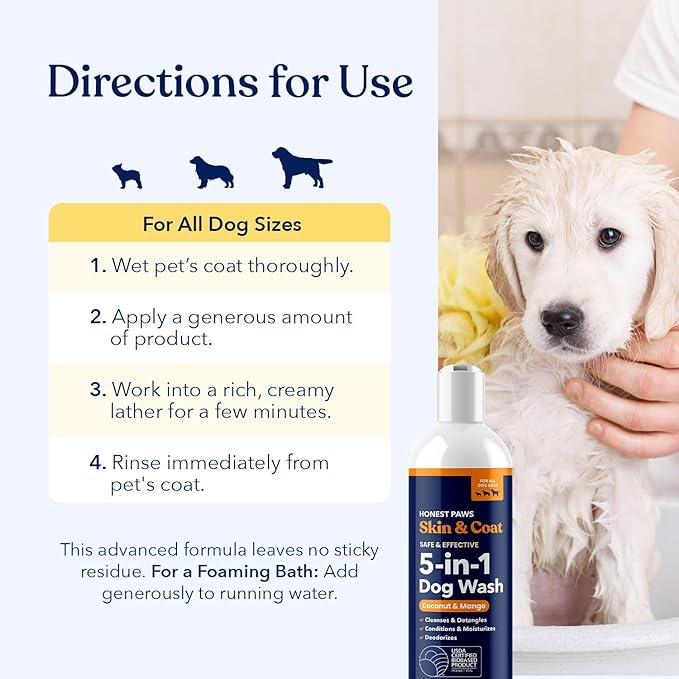 Honest Paws Dog Shampoo and Conditioner - Premium Dog Wash for Allergies and Dry, Itchy, Moisturizing for Sensitive Skin - Sulfate Free, Plant Based, All Natural - Coconut & Mango -16 Fl Oz