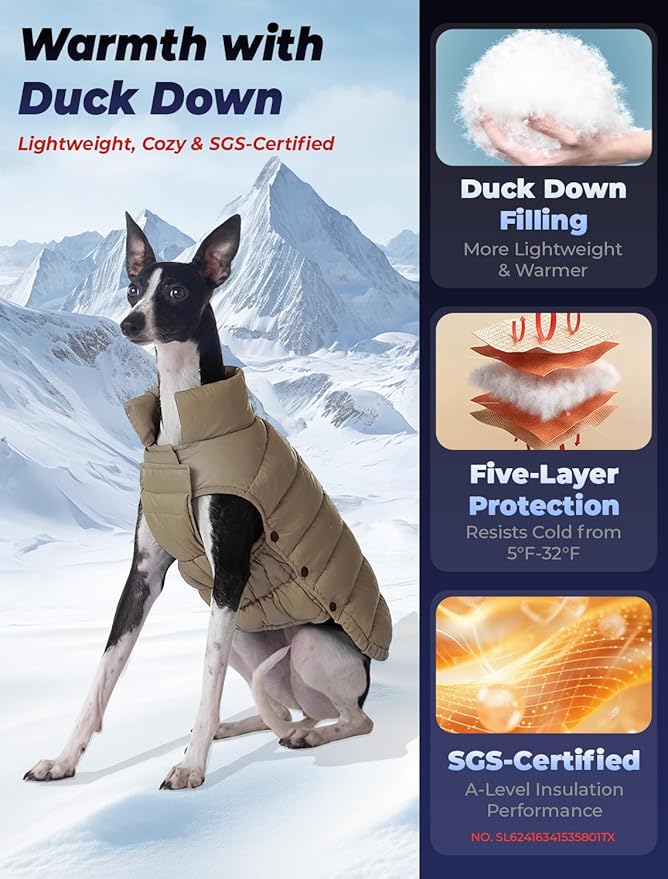 SPACE LION Dog Puffer Jacket, Down Winter Coat, Durable Outdoor Coat for Cold and Windy Conditions, Lightweight & Adjustable Fit Coats for Medium Dogs, (Khaki, Size14/L)