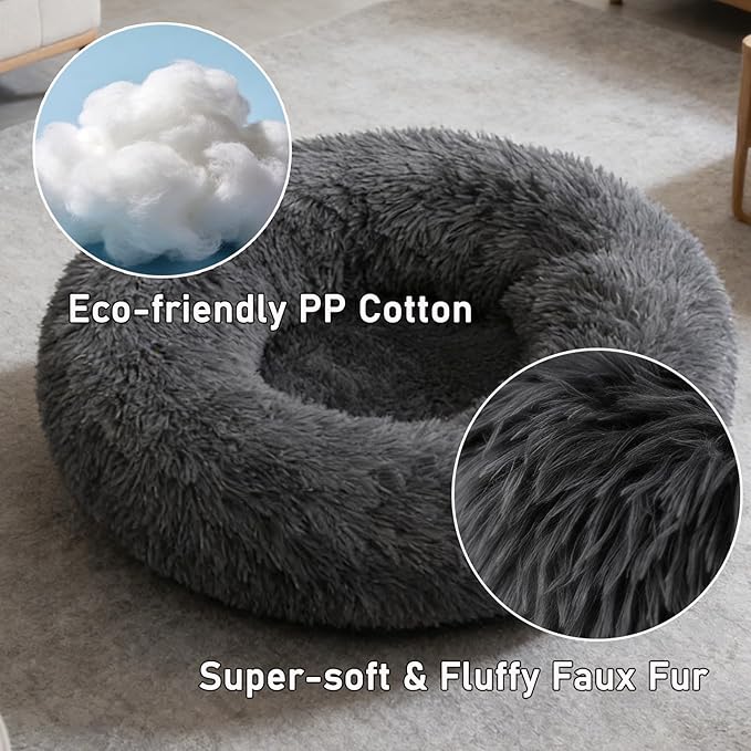 Calming Donut Dog Beds for Small Dogs Kitten - Washable Removable Cover Non-Slip Bottom, Round Pet Bed Puppy Bed Warming Fluffy Faux Fur Anti-Anxiety, Fits up to 15 lbs (Dark Grey, 20")