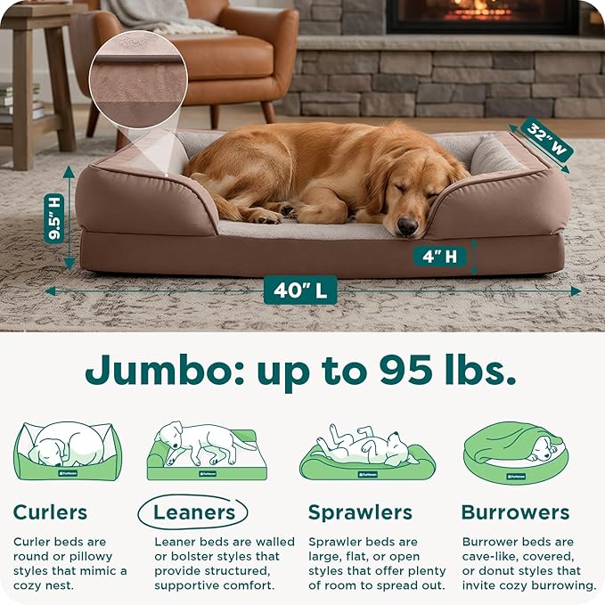 FurHaven Cooling Gel Dog Bed for Large Dogs, Perfect Comfort Sofa Bed, Cool Gel-Top Foam & Solid Orthopedic Foam Base for Joint Support, Removable Washable Cover, Jumbo/XL, Plush & Velvet, Brownstone