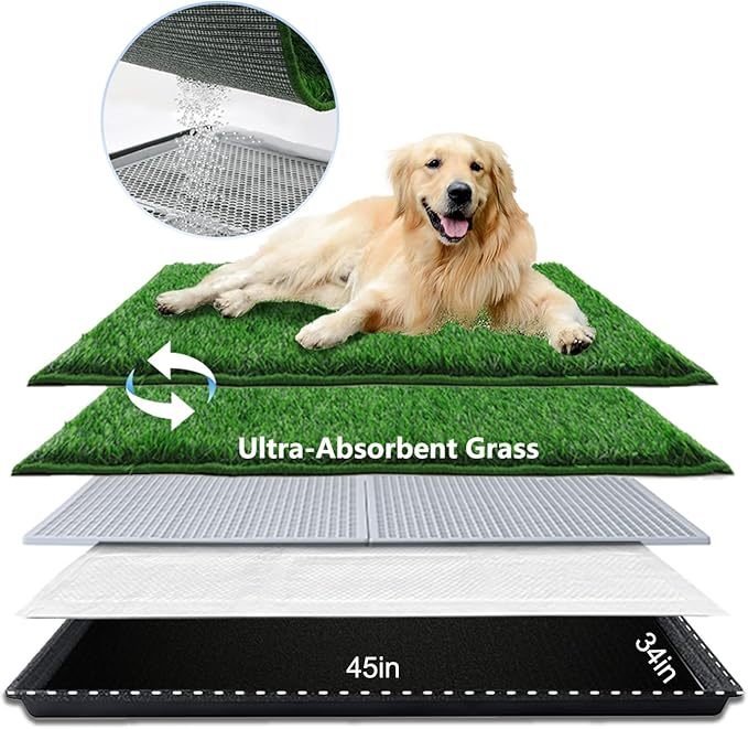 Dog Grass Pad with Tray Extra Large 45”×34”, Dog Litter Box with Odor Free Artificial Grass Pee Pads for Dogs Potty Tray with Hemmed Edge, Realistic for Indoor Balcony