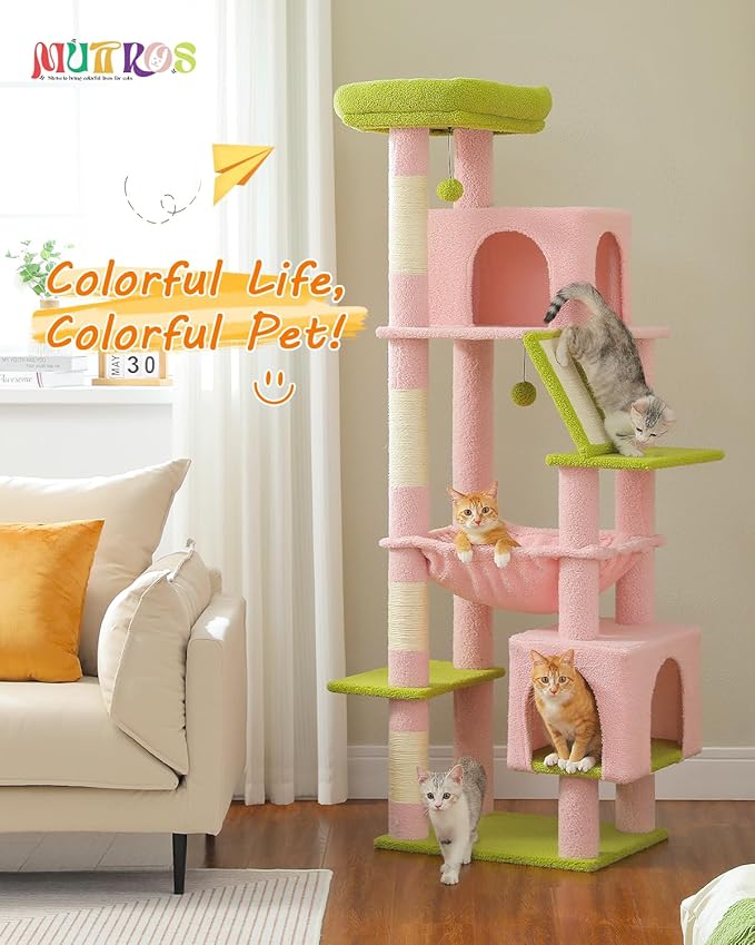 Pink 71" Tall Cat Tree for Large Cat 20 lbs with Super Large Hammock, Heavy Duty Cat Tower with 4 Sisal Scratching Posts & 2 Spacious Condos for Big Adult Cats Maine Coon -Green