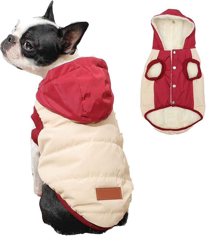 Fleece Lining Extra Warm Dog Hoodie in Winter,Small Dog Jacket Puppy Coats with Hooded,Beige and Red XS