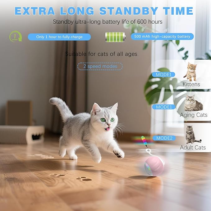 Interactive Cat Toy for Indoor (Sounds&Touch Control) Smart Cat Toys - Automatic Moving Cat Ball Toy - Fast Slow 2Speed with Feathers Tail&Lights for Kittens, Older Cats, Bored Cats, USB Rechargeable