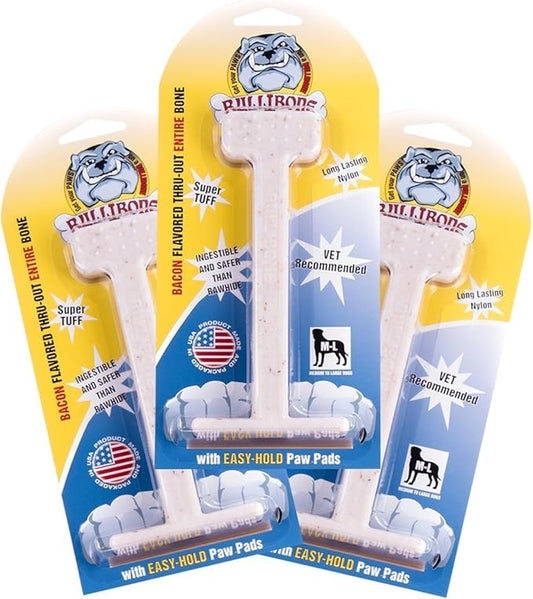 Bullibone Nylon Dog Chew Toy for Aggressive Chewers - Dental Hygiene Bone with Bacon Flavor, Durable Tough Chew Toys for Large Dogs, Indestructible Dog Bone - 3 Pack