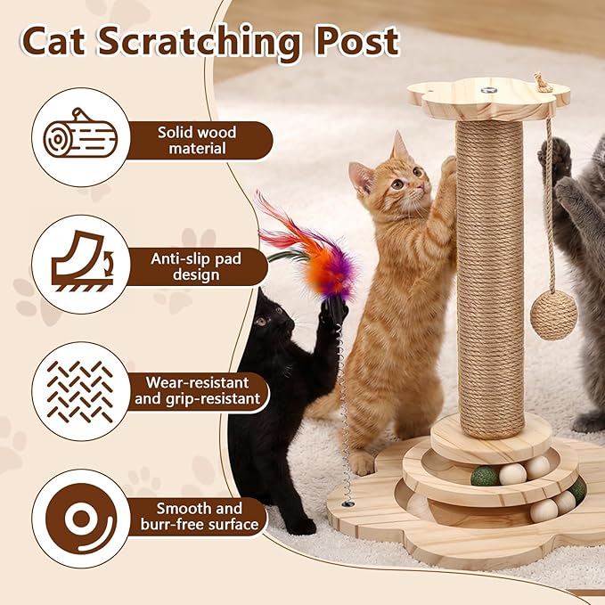 Cat Scratching Post, Cat Tower Scratch Post, Cat Tower with Scratching Post, Wooden Cats Tree with Solid Wood Waterproofing Base Cat Toy and Interactive Ball for Adult Cats & Kittens (Large)