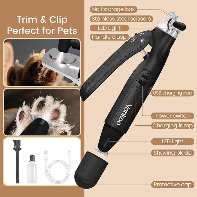 2 in 1 Dog Nail Clippers & Trimmers with LED Lights, Splash Guard - Pet Hair Trimmer for Around Paws, Ear, Eye,Face, Rump Rechargeable & IPX7 Waterproof Grooming Supplies for Cats, Dogs