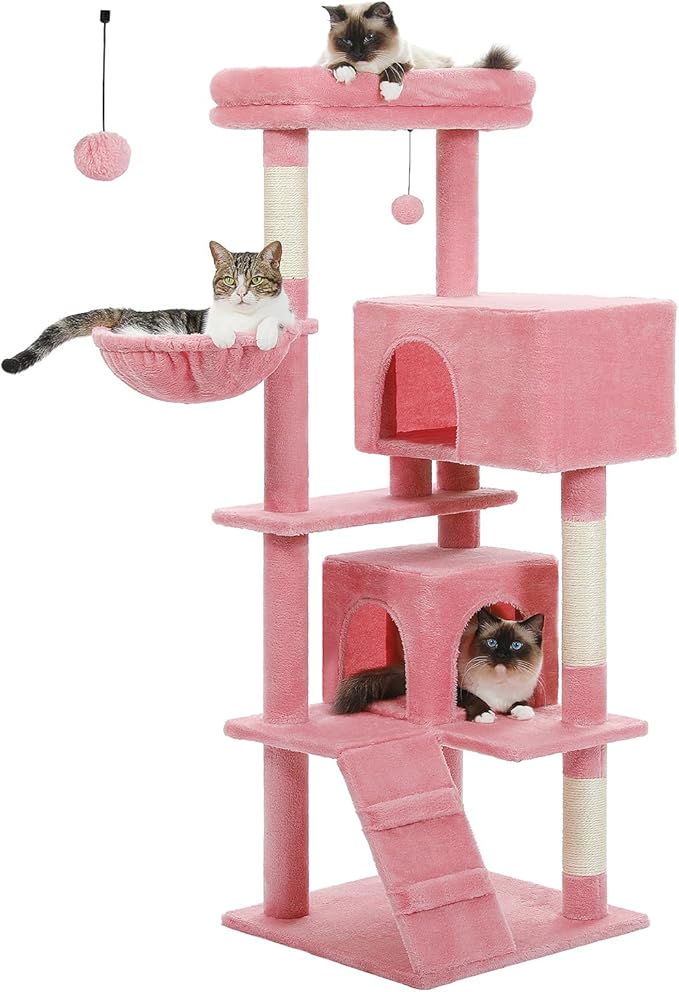 Pink Cat Tree for Large Cats with Super Large Top Perch,56.2" Multi-Level Tower for Indoor Cats with Hammock, Cat Shelves with Scratching Posts and 2 Condos Houses, Pink