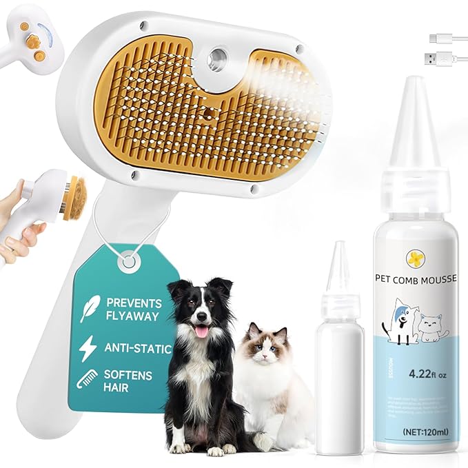Pet Steam Brush Dog Cat 2025 New Grooming Comb for Shedding, Floating Hair, Smooth & Detangling, Gentle Cool Mist Softens Hair Reduces Static Helps Pets Who Dislike Bathing,Includes Waterless Shampoo