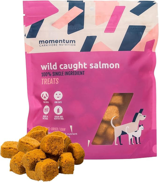 Momentum Carnivore Nutrition Freeze-Dried Wild-Caught Salmon Dog Treats & Cat Treats – Single-Ingredient, High-Protein, Grain-Free, Natural Source of Omega-3s – Made in USA – 3 oz Bag