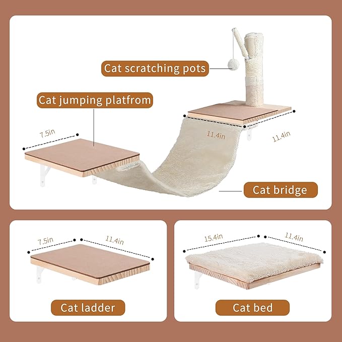 Wall Mounted Cat Climber Set, Cat Wall Shelves,with Hammock,Jumping Boards,Sofa,Steps,Scratching Post,Hanging Ball and Felt Pads, Suit for Cats Climb, Jump,Scratch-Beige