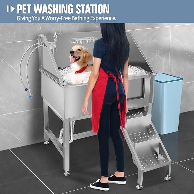 38" Pet Dog Bathing Station W/Ramp, Professional Stainless Steel Dog Grooming Tub W/Soap Box, Faucet, Rich Accessory, Dog Bathtub for Large, Medium, Small Pets, Washing Sink for Home,R-RAMP