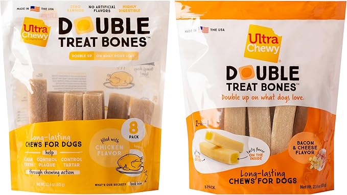 Ultra Chewy Double Treat Bones: Long-Lasting Treats Made in USA for Large and Small Breeds, Highly Digestible, for Aggressive Chewers (Bacon Cheese and Chicken Flavor, 2 Packs)