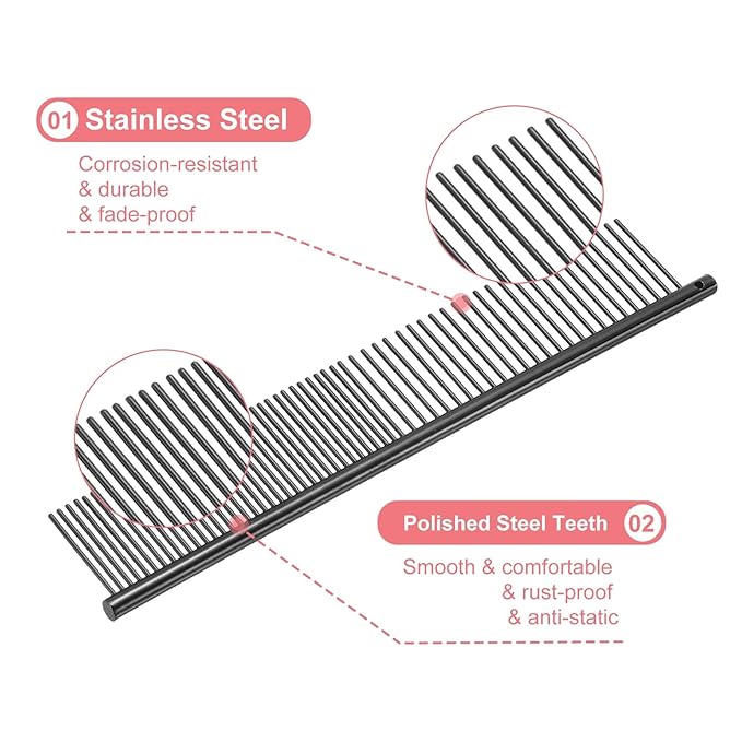 Dog Cat Comb, Pet Combs Stainless Steel Teeth with Rounded Ends for Knots Mats Loose Hair Removal, 7.5IN (Black Plated, 3 Pack), Grooming Tool Intended for Long Curly Hair Pet