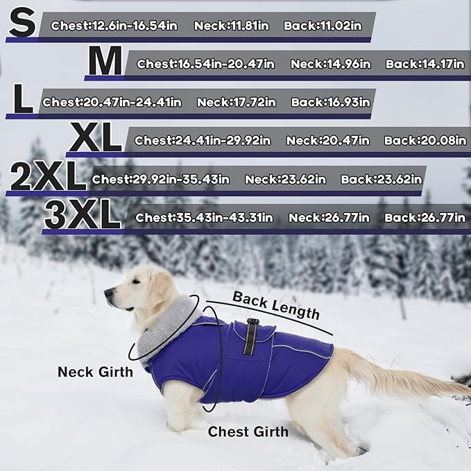 Lelepet Warm Dog Winter Coat Waterproof Dog Jacket with Adjustable Buckle & Leash Hole Reflective Pet Fleece Snowsuit Turtleneck Windproof Cold Weather Coats, Blue, XXL