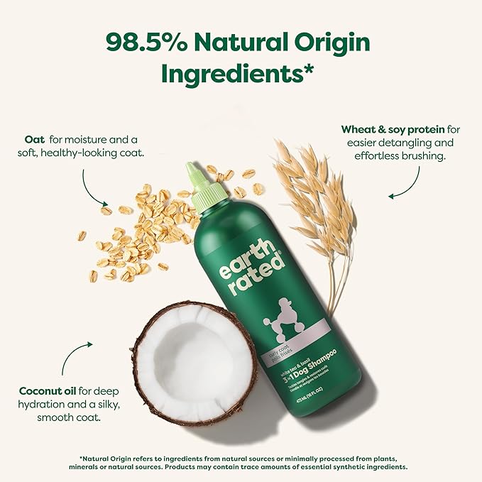 Earth Rated Hypoallergenic 3-in-1 Detangle Dog & Puppy Shampoo & Conditioner, Perfect for Doodles and Poodles, Deodorize 98.5% Natural, 16 oz