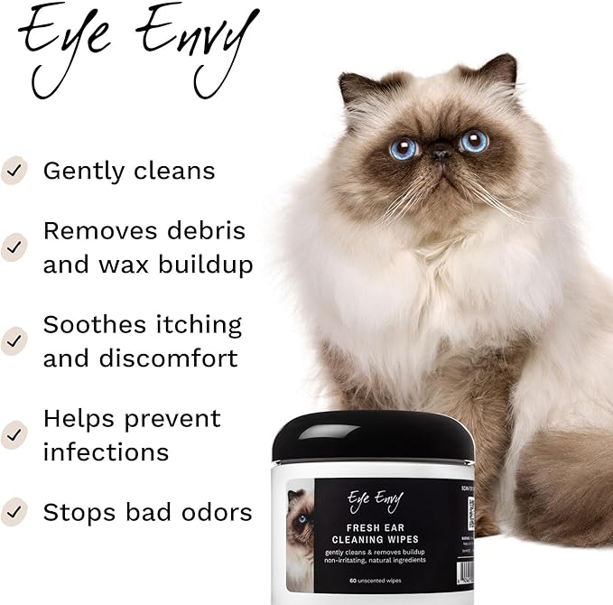 Eye Envy Fresh Ear Cleaning Wipes for Cats. Made in The USA from Natural Ingredients. Unscented. Prevents Infections. Safe and Non-Irritating. Removes Dirt, Debris, and Wax buildup. 60 Count.