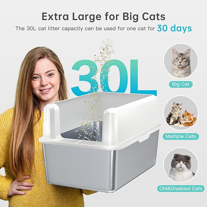 Stainless Steel Litter Box with Lid, 14” XL Stainless Steel Cat Litter Box Enclosure, Extra Large Metal Cat Box, Non-Sticky, Anti Leakage, Easy Cleaning Litter Pan, Include Scoop