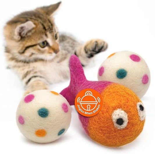 Hustle & Blush Love Ewe Felted Cat Toys 3 Pack - 3 Inch Fish & 2 Inch Ball Hand Made Cute & Fun Design Kitten Wool Felt Balls with Bell for Indoor Play - 100% New Zealand Handmade - Holiday Pet
