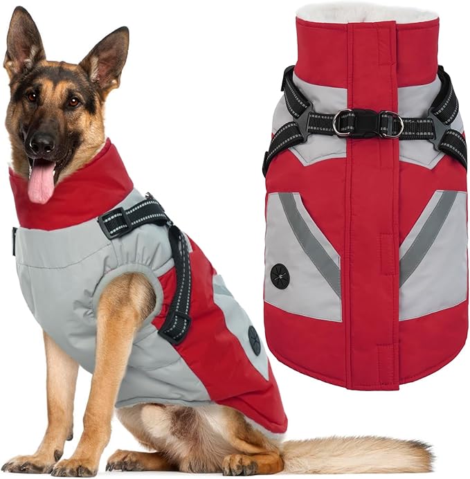 IECOii Dog Coat for Large Dogs Waterproof Dog Winter Jacket with Harness Built in, Red - XXLarge, Thermal Warm Fleece Lined, Reflective Dogs Jackets for Cold Weather Camping, Hiking, Pitbull